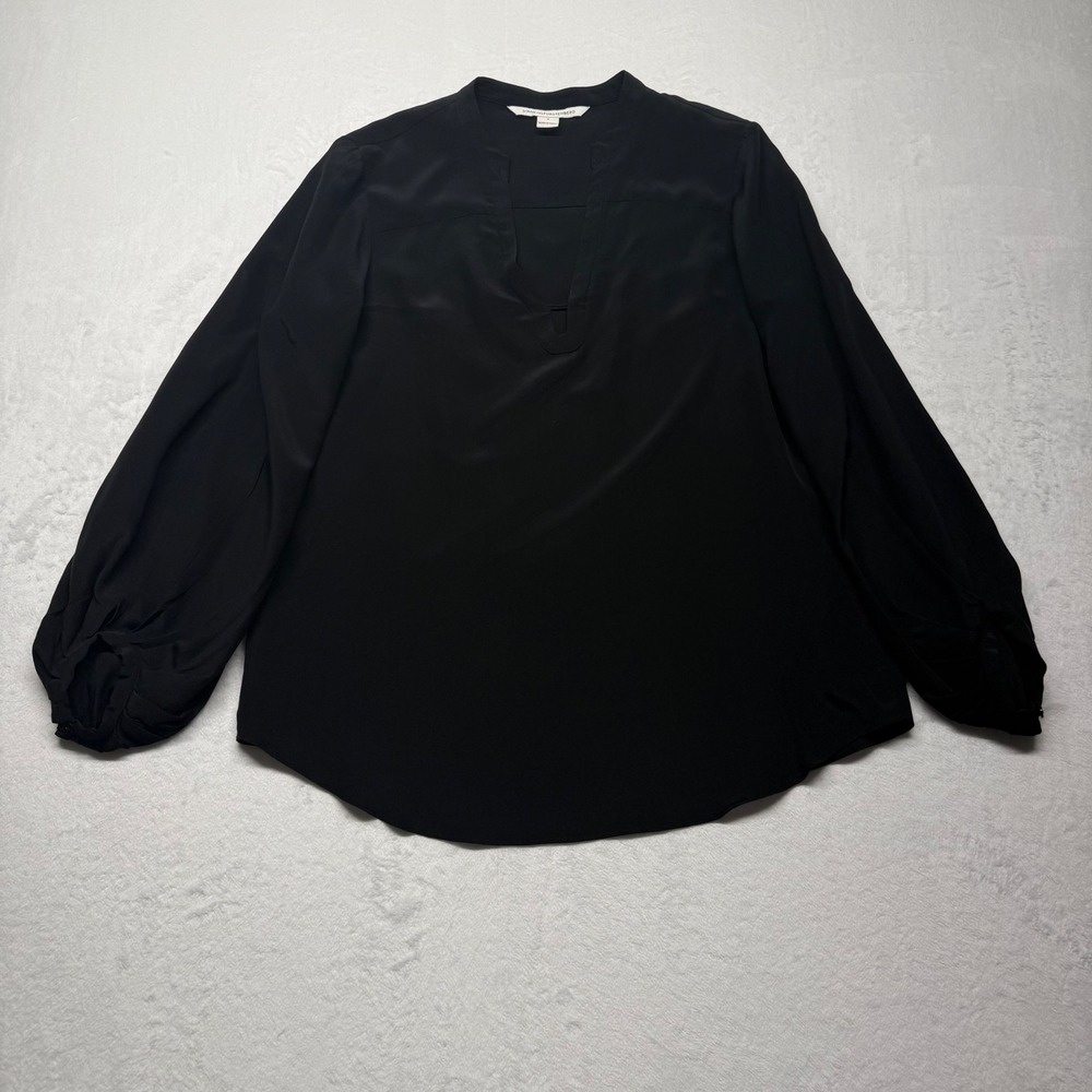 Diane von Furstenberg Tanyana Silk Blouse 6 Black DVF Long Sleeve Split Neck